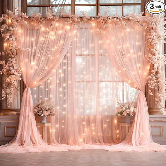 30x8ft Peach Tulle Backdrop Curtain with Lights String for Parites, Sheer Photo Backdrop Curtains with Lights for Wedding Backdrop Ceremony Reception Bridal Shower Baby Shower Birthday Party