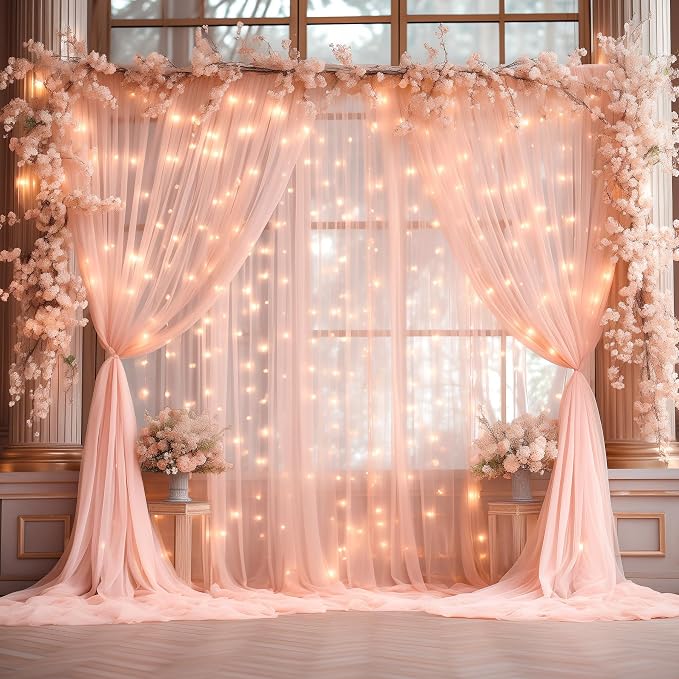 30x10ft Peach Tulle Backdrop Curtain with Lights String for Parites, Sheer Photo Backdrop Curtains with Lights for Wedding Backdrop Ceremony Reception Bridal Shower Baby Shower Birthday Party