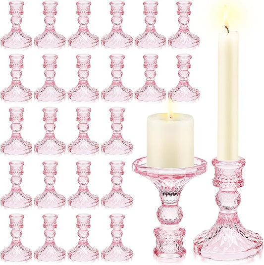 Sieral 24 Pcs Pink Taper Candle Holders 4'' Tall Candlestick Glass Holders Bulk Crystal Decorative Stand Wedding Stick Holder for Anniversary Party Dining Table Festival Decor