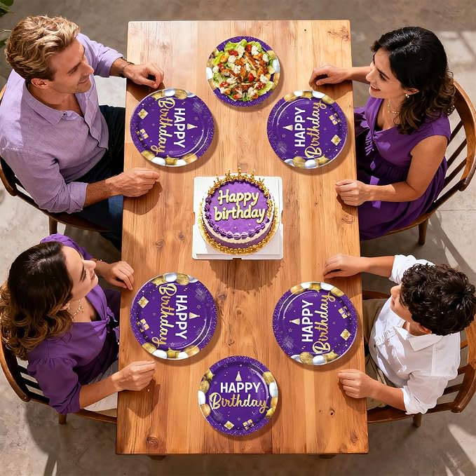 96Pcs Purple and Gold Birthday Party Decorations for Women Purple and Gold Happy Birthday Plates and Napkins Sets Princess Decorations for Girls Lady Bday Party Supplies Serves 24