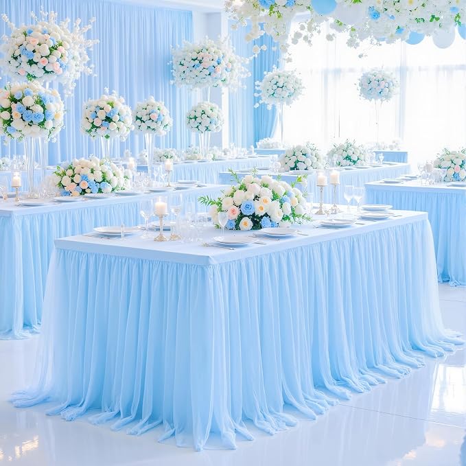 2 Pack Baby Blue Table Cloth for 8 Foot Rectangle Tables, Stretch Fitted Tulle Table Covers Skirt, Rectangular Ruffle Tutu Tablecloth Wedding Baby Shower Baby Shower Cake Tablecloths