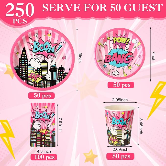 Funnymoom 250 Pcs Girl Hero Birthday Decoration Pink Comic Girl Hero Paper Plates Napkins and Cups Power Halloween Theme Party Tableware for Birthday Baby Shower Party Supplies, Serves 50