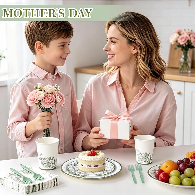 400 Pcs Disposable Sage Green Floral Tableware Set for 50 Guests | Heavy-Duty 7" & 9" Paper Plates, Cups, 13" Napkins & Plastic Cutlery for Bridal Baby Shower and Tea Party Supplies