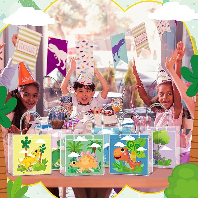Teenyyou 24 Pcs Dinosaur Clear Gift Bags with Handles Cute Dinosaur Party Favor Candy Snack Treat Bags for Birthday Baby Shower Dino Theme Party Supplies