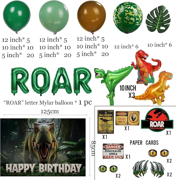 Dinosaur Birthday Decorations with Hunter Green Brown balloon arch & small T-Rex Foil balloons & backdrop Sign & Artificial Palm Leaves for Boys Jungle Safari Dino ROAR Party Supplies (Green Brown)