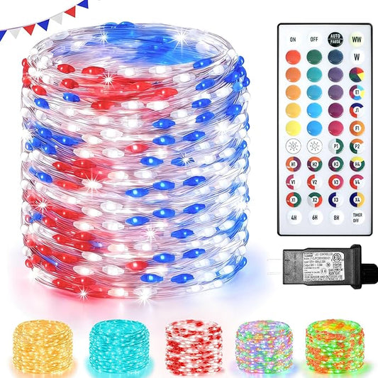 Lovelite 200 LED Fairy Lights Color Changing, 66 FT 35 Colors 4th of July Fairy Lights with Remote, Red White and Blue String Lights for Bedroom Christmas Holiday Wedding Party Indoor Outdoor Decor