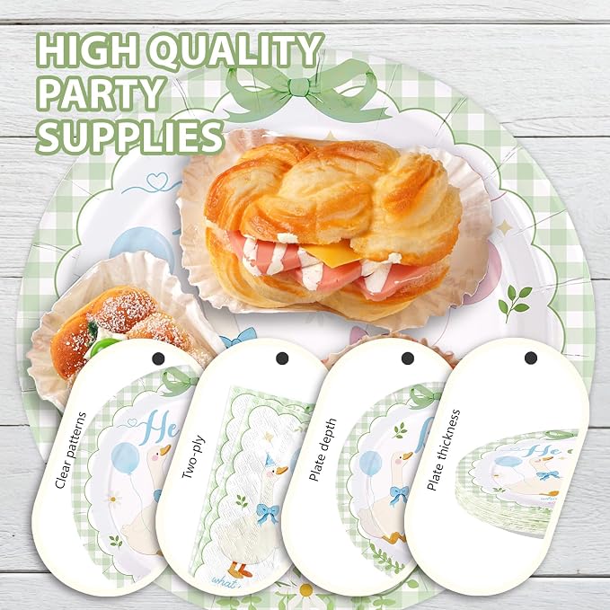 96 Pcs Sage Green White Goose Gender Reveal Decorations Baby Shower Plates and Napkins Goose Baby Shower Tableware Set for Gender Reveal Birhday Party Supplies, Serves 24