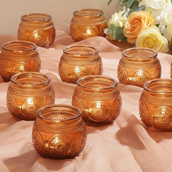 24 Pcs Amber Candle Holders- Floral Style Vintage Candle Holder for Rustic/Boho Wedding Table centerpieces, Bridal Shower, Baby Shower Decoration