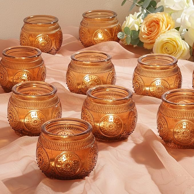 12 Pcs Amber Candle Holders- Floral Style Vintage Candle Holder for Rustic/Boho Wedding Table centerpieces, Bridal Shower, Baby Shower Decoration