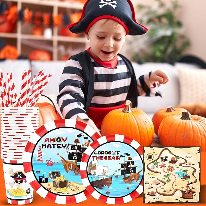 Recheel Pirate Birthday Party Supplies Decorations, Pirate Treasure Theme Paper Plates and Napkins Set with Cups and Straws for 24 Guests, 120 Pcs Disposable Party Dessert Dinnerwares