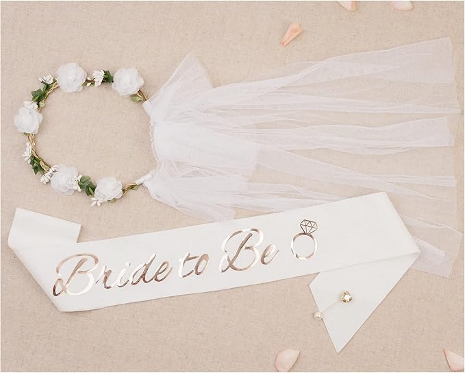 PapaKit Premium Bride to Be Party Sash, Floral Veil & Jewelry Pin Set, Glitter Sparkling Pearl White | Bachelorette Bridal Shower Engagement Wedding Party Favor Gift Decoration Supply