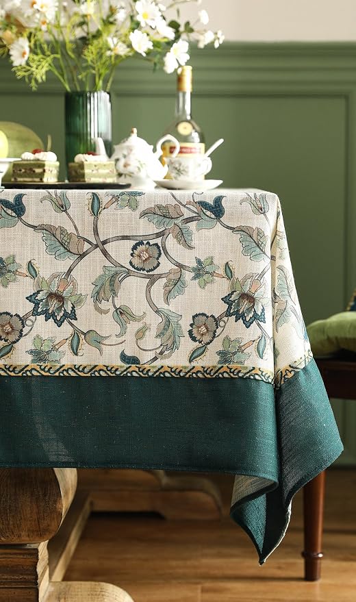 patdrea Vintage French Linen Tablecloth,Rectangular,118"x67"-Noah | Heavyweight Extra Wide Table Cloth for Rectangle Table,Botanical Green Pattern,for Dining Room Tea Party Thanksgiving