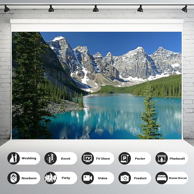 Mountain Lake Backdrop Banff National Park Moraine Lake Background Canadian Rockies Snow Mountains Pine Trees Forest Photography Background Mountains Mirroring in Water Backgrounds Photo Props 5x4ft