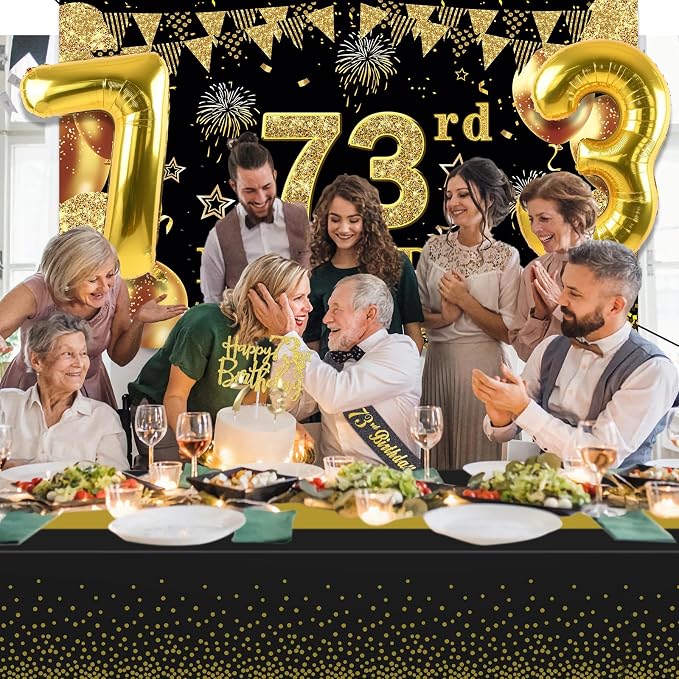 73rd Birthday Decorations Men Women with 73rd Birthday Banner, Black and Gold Table Cloth, Number Balloons, Sash, Cake Topper and Candles