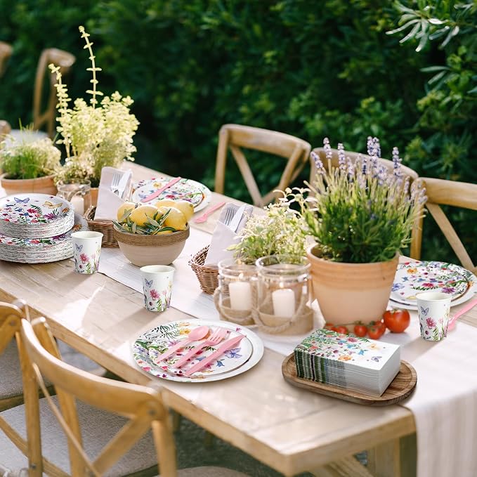Sinmoe 400 Pcs Spring Wildflower Plates and Napkins Set Paper Flower Dinnerware Disposable Party Supplies for 50 Guest Floral Dinnerware Knife Fork Spoon for Spring Birthday Baby Shower Wedding Party