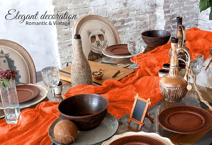 10 Pack Orange Cheesecloth Table Runner 17x108 Inch Semi Sheer Boho Gauze Cheese Cloth Table Runners, for Wedding Bridal Shower Birthday Party Home Decor Garden Farmhouse