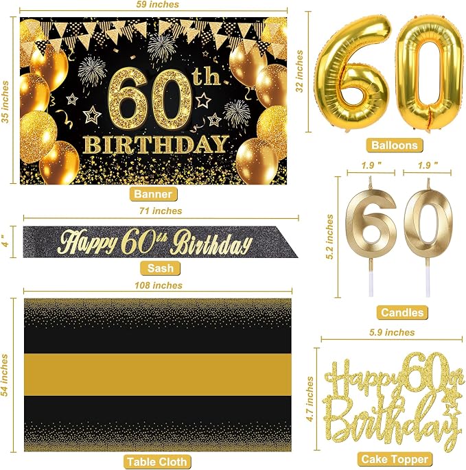 60th Birthday Decorations Men Women with 60th Birthday Banner, Black and Gold Table Cloth, Number Balloons, Large Sash, Cake Topper and Candles