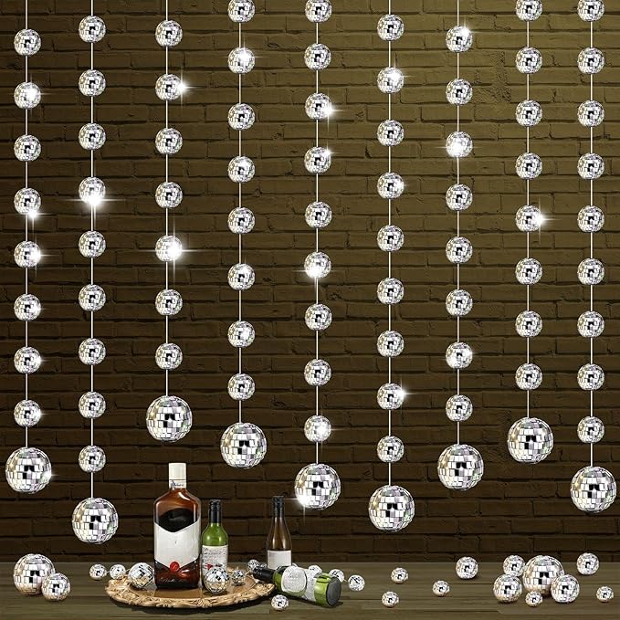 Sumind 8 Pack Disco Party Decorations Mini Disco Ball Garlands Silver Mirror Ball Hanging Banner Silver Streamer Curtains for Birthday Wedding Christmas Party Backdrop Supplies(2 Inch, 3 Inch)