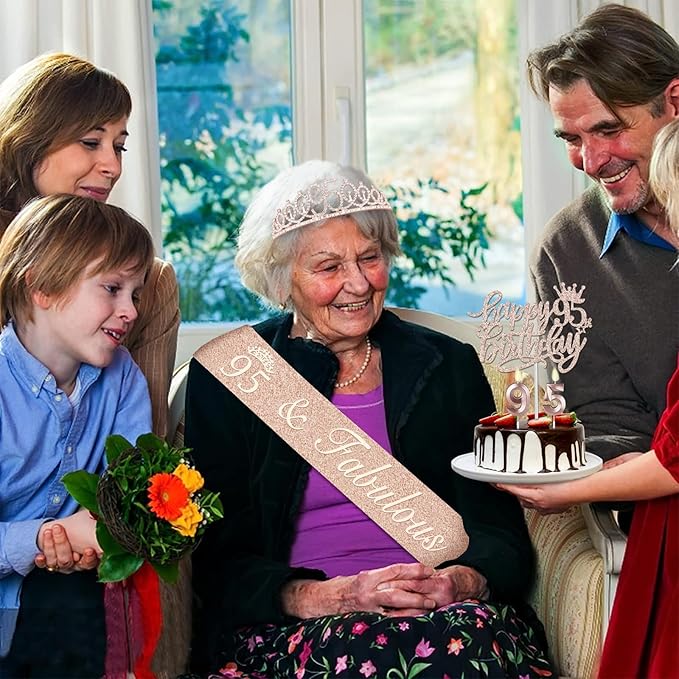 95th Birthday Party Decorations for Women, Including 95th Birthday Sash and Crown, Cake Topper and Candles, Number Balloons, 95 Year Old Decorations Gifts Idea