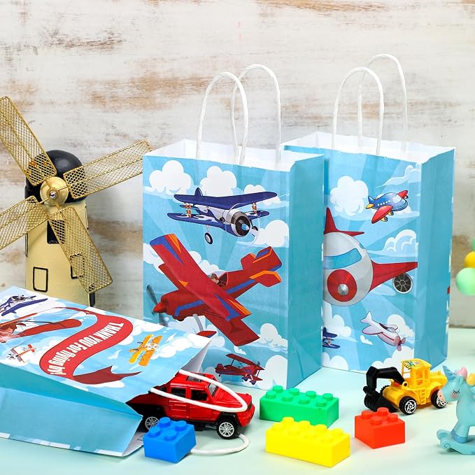 Outus 24 Pcs Airplane Party Favor Bags Airplane Gift Goodie Paper Bags with Handles Blue Plain Candy Treat Pouch for Birthday Party Decorations Supplies