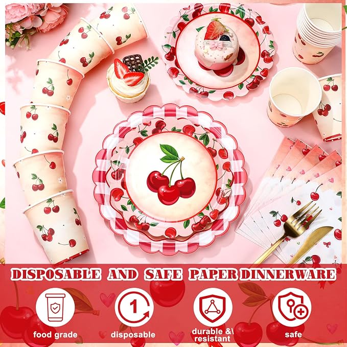 Domensi 250 Pcs Baby Shower Decorations for Girls Cherry Bridal Shower Party Supplies Paper Plates Napkins Cups Tableware Set for 50 Guests She's the Cherry on Top Birthday Party Supplies for Wedding