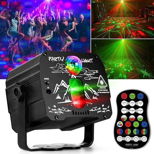 Disco Ball Party Lights, 2-in-1 Sound Activated DJ Stage Strobe Light with Remote Control, High-Performance Pattern Projector & Ideal for Dance, Club Birthday Gift, Christmas Halloween Home Decor (R7)