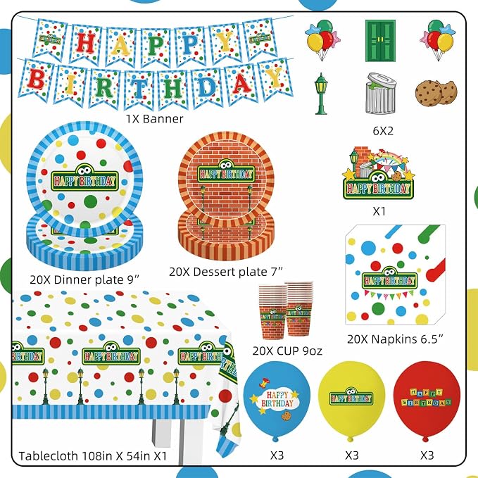 104pcs Birthday Party Decorations Cute Theme Tableware Set Include 9 Inches Plates, 7 Inches Plates, Happy Birthday Banner, Ballons, Napkins, Cups, Tablecloth, Cake Toppers and Cupcake Toppers