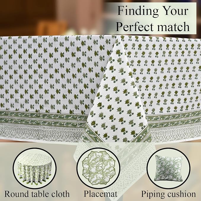 CPC Lotus Meadow Tablecloth 100% Cotton 72x140 Inch Indian Block Print Rectangle Table Cover, Table Cloth for Gifting in Weddings, Halloween, Fall, Christmas, Thanksgiving