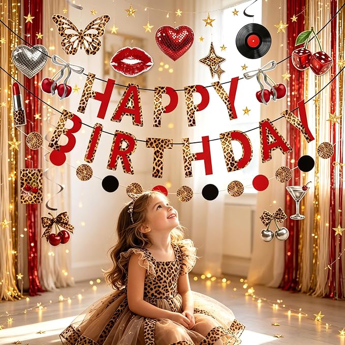 SUNBEAUTY Cheetah Birthday Party Decorations Cherry Cheetah Print Banner Leopard Hanging Swirls with Red and Black Cheetah Party Garland Foil Swirls Ceiling Safari Animal Birthday Party Decorations for Women Girls