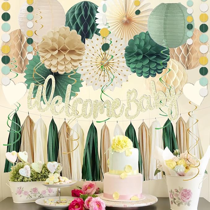 Sage Green Baby Shower Decorations Boys Safari Welcome Baby Sign Olive Green Paper Flowers Honeycomb Balls Lanterns Fans Hanging Swirls Tassel Garlands for Baby Gender Reveal Party Décor