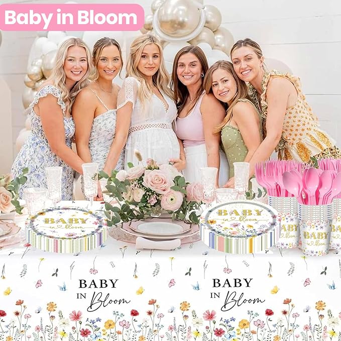 Wildflower Baby shower Plates and Napkins Party Supplies - 175PCS Spring Floral Baby in Bloom Paper Plates BabyShower Birthday Decorations Disposable Tableware Sets for Spring Summer, Serve 25 Guests