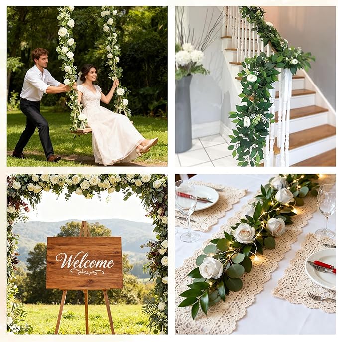 SHENLIU 4 Pack 26Ft Artificial Eucalyptus Flower Garland with White Roses, Faux Rose Vine Gypsophila Greenery Garland Floral Vines for Wedding Home Party Table Decor