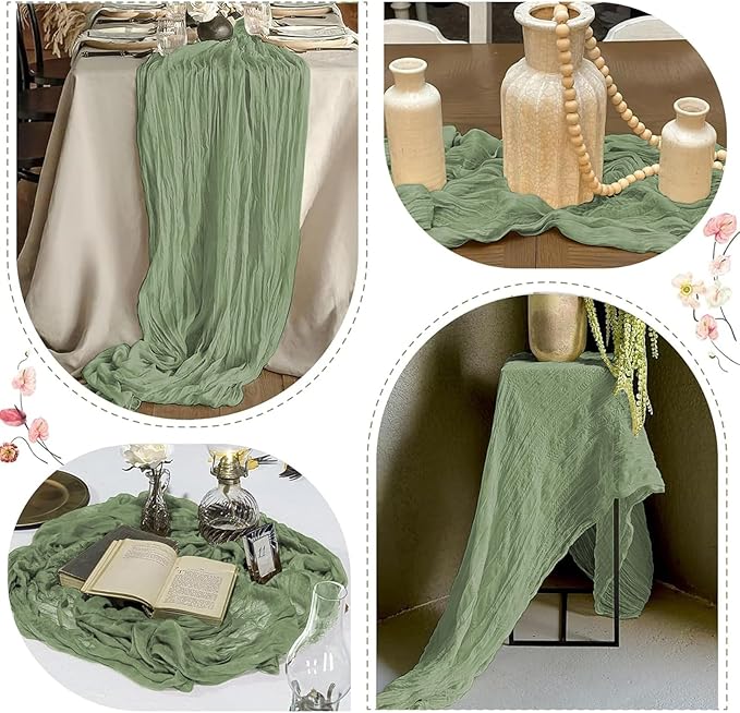 25 Pack Sage Green Cheesecloth Table Runner 17 x 108 Inch Gauze Table Runner Fabric Semi Sheer Cheese Cloth Table Runner Bulk for Rustic Romantic Wedding Baby Shower Table Decoration