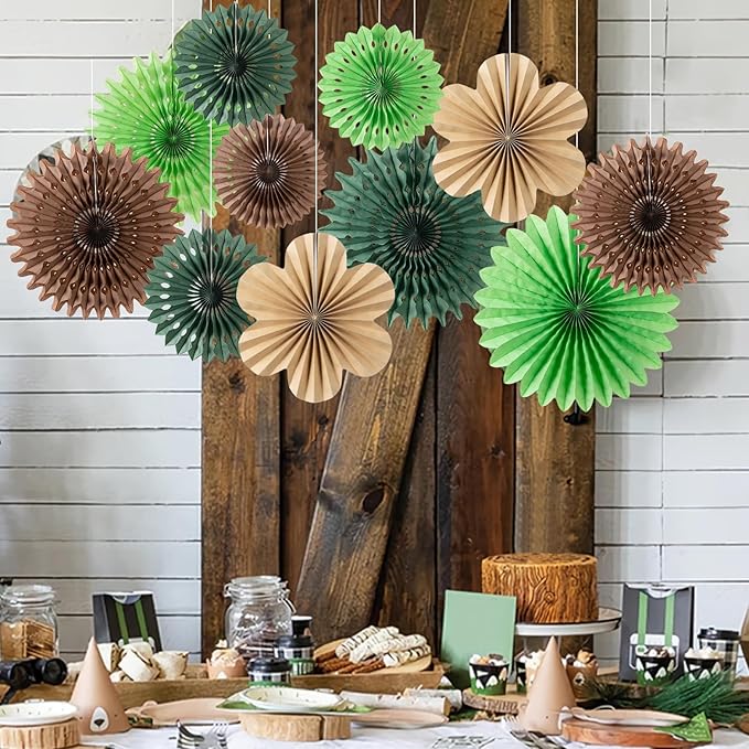 11 Pcs Hanging Paper Fans Decoration Green and Brown Paper Flowers Deco Tropical Jungle Birthday Party Decorations for Summer Safari Carnival Party Supplies