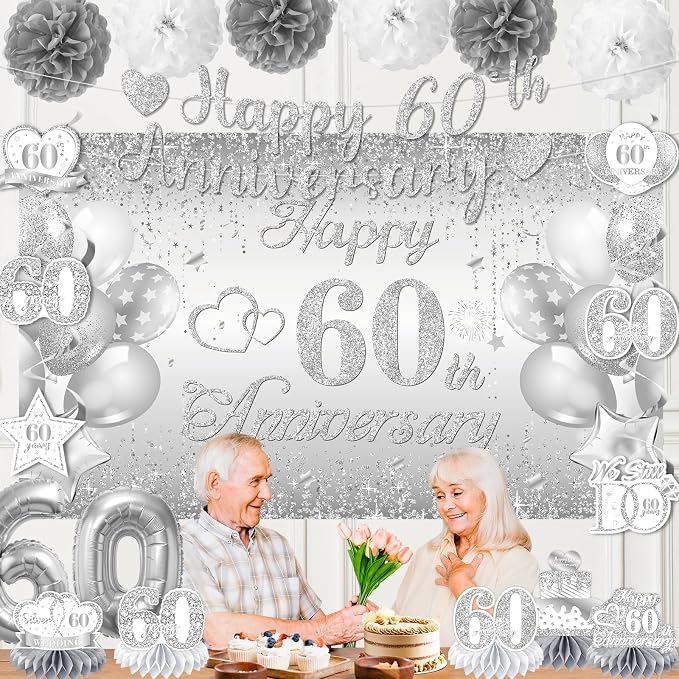 Silver 60th Wedding Anniversary Decorations Banner, 60th Anniversary Table Centerpieces Hanging Swirls Tissue Pompoms Foil Balloon for 60 Years Silver Wedding Party Decoration Supplies