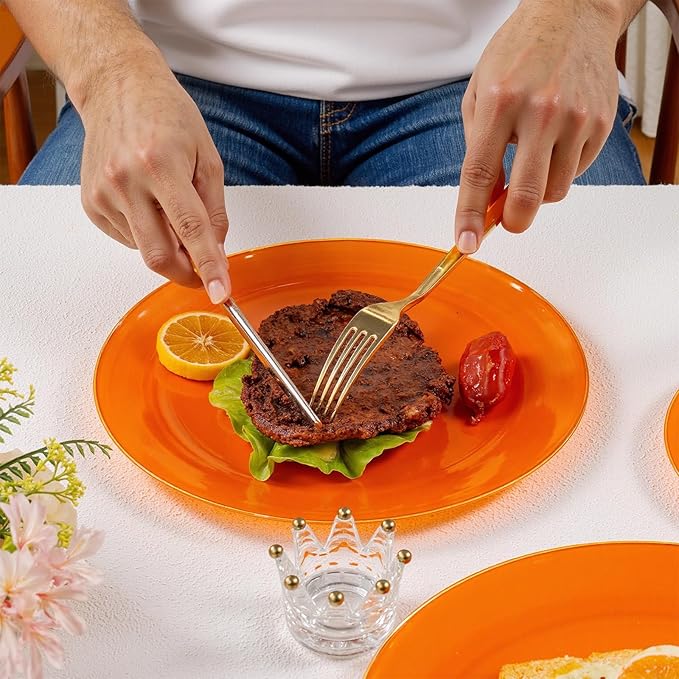 DaYammi 150Pcs Orange Plastic Plates & Gold Cutlery Set - Orange Disposable Plates with Gold Rim Includes 30 Dinner Plate,30 Dessert Plate,30 Knives,30 Forks,30 Spoons Perfect for Party Wedding