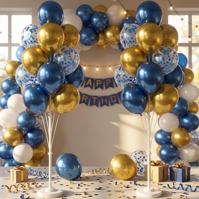 Balloon Column Kit Set of 2 With Balloons Included - Balloon Tower with Stand, Base, and Pole,Backdrop Decoration for Wedding, Baby Shower, Birthday Party, or Bachelorette Parties (Metallic Blue Gold)