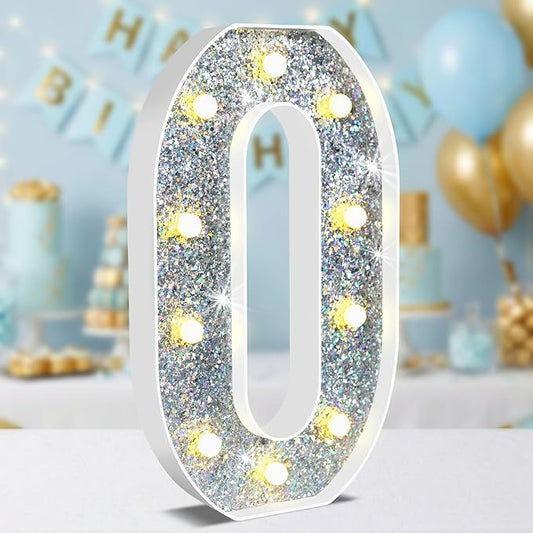 12.6 Inch LED Silver Marquee Light Up Numbers, Birthday Decorations Number Lights as Gifts for Girls Women Men, Glitter Lighted Marquee Numbers for Silver Anniversary Party Table Decor, 0
