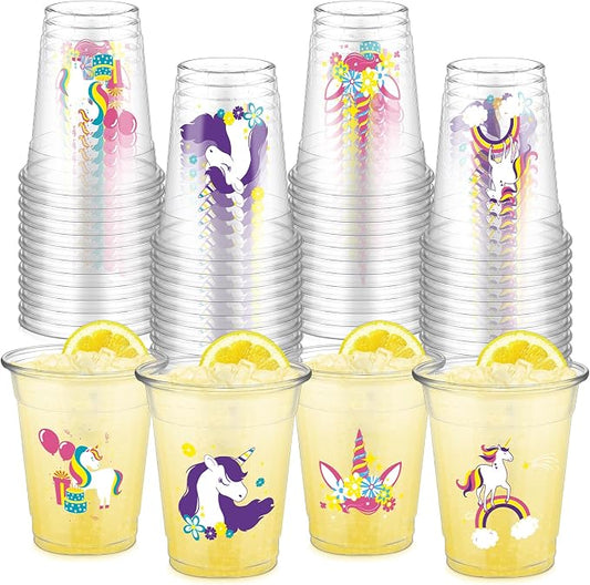 FoldTier 50 Pcs Unicorn Cups 12 oz Unicorn Plastic Glasses Clear Disposable Cups Rainbow Theme Drinking Glasses for Home Kitchen Theme Birthday Party Favors Supplies Decoration