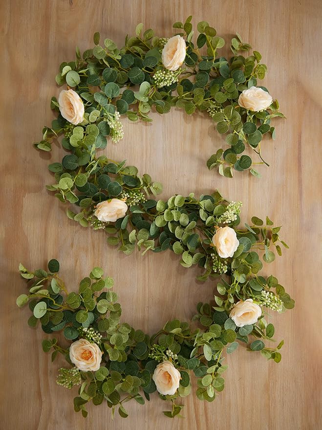 PARTY JOY 6.56ft Eucalyptus Garland with Flowers-8 Champagne Roses-Lush,Natural Looking, Floral Garland Greenery for Party Wedding Table Indoor Outdoor Backdrop Wall Decor（Champagne,1）