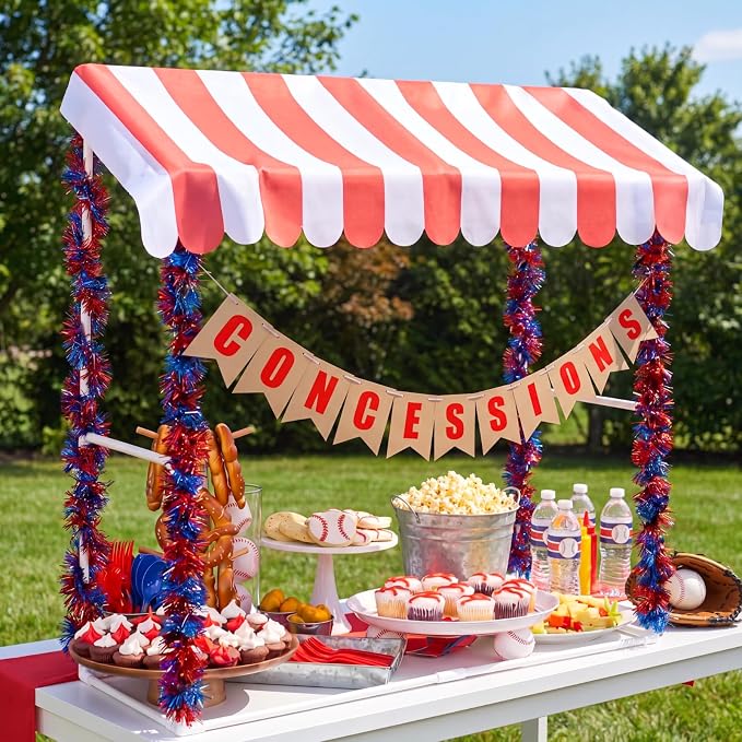 Concessions Stand Supplies Baseball Party Decoration with 1 Set Stand 1 Red and White Striped Sunshade Cloth 4 Red and Blue Tinsel 1 Concessions Banner for Baseball Sport 4th of July Party Decor