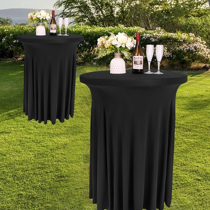 Spandex Cocktail Table Skirt 32"x 43" Black Stretch Cocktail Table Cover, Washable Round High Top Tablecloth for Bar, Wedding, Party, Events (Black)