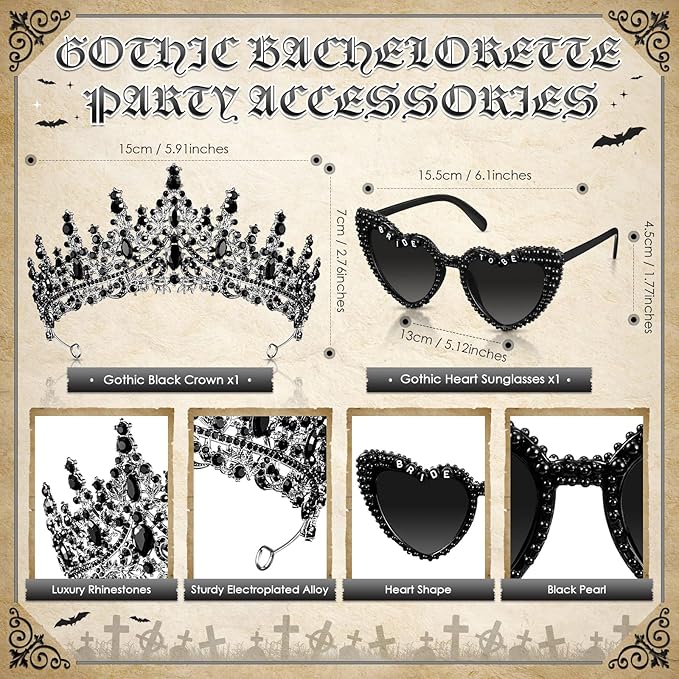 JaGely 4 Pcs Gothic Bachelorette Party Accessories Set, Bride Crystal Crown Sunglasses Sash and Fan for Bridal Shower(Wife of the Party)