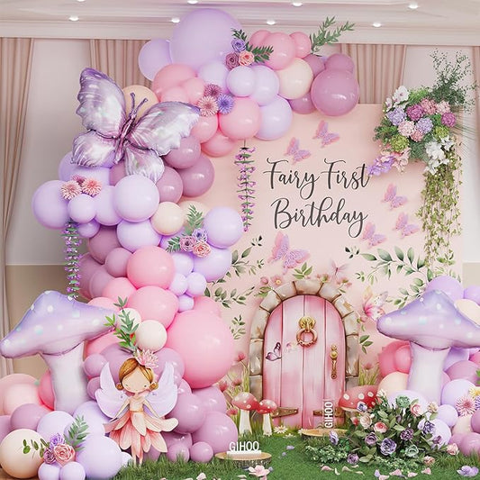 Fairy First Birthday Balloon Arch Kit 135pcs Pastel Pink Purple Balloons with Purple Butterfly and Mushroom Foil Balloon for Spring Fairy Thmem Birthday Party Decorations (Pink Purple)