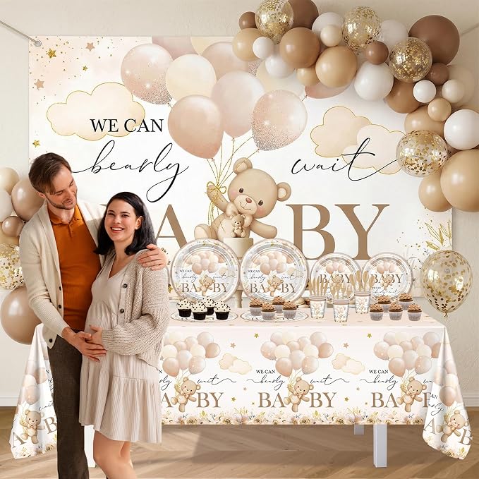 270 Pcs We Can Bearly Wait Baby Shower Decorations: Bear Baby Shower Banner Balloons Disposable Bear Themed Plates and Napkins Cups Tablecloth, Serve 24
