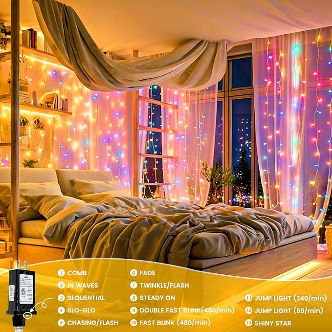 Connectable 2Pack String Lights Indoor, 66FT 200LED String Lights, 13Modes Twinkle Fairy Lights Plug in Outdoor Waterproof, Multicolor Clear Wire Light for Christmas Tree, Wedding Yard, Party Decor