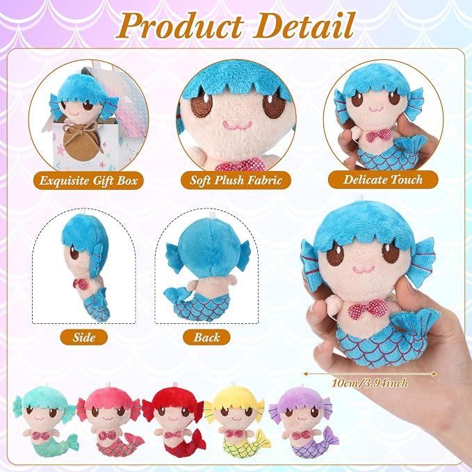 Spakon 76 Pcs Adopt a Mermaid Pet Party Favors Mini Mermaid Plush Toy Assortment with Gift Box House Small Animal Plush Animal Stickers for Kids Goodie Stuffers Pinata School Carnival Prize