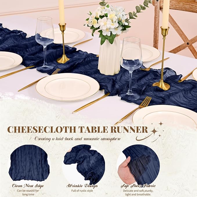 Pesonlook 12 Pack Navy Blue Cheesecloth Table Runner, Long Romantic Semi Sheer Rustic Boho Gauze Table Runners for Wedding Bridal Shower Birthday Party Decorations(17.7×108 Inch)