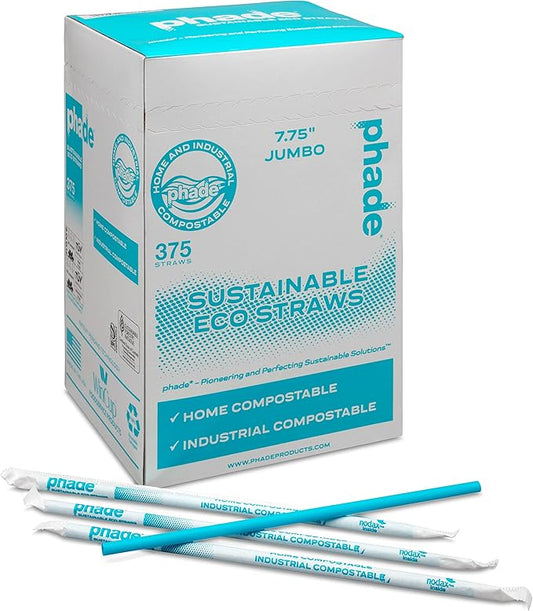 phade Eco-Friendly 7.75" Jumbo Drinking Straws 3,750 Count - Marine Biodegradable, Compostable, Individually Wrapped, 10 Pack