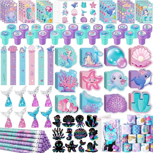 BenLouis 240Pcs Mermaid Party Favors Little Mermaid Pencils Stickers School Stationery Bulk for Kids Sea Birthday Decor Baby Shower Candy Goodie Bag Stuffer Classroom Rewards Pinata Supplies